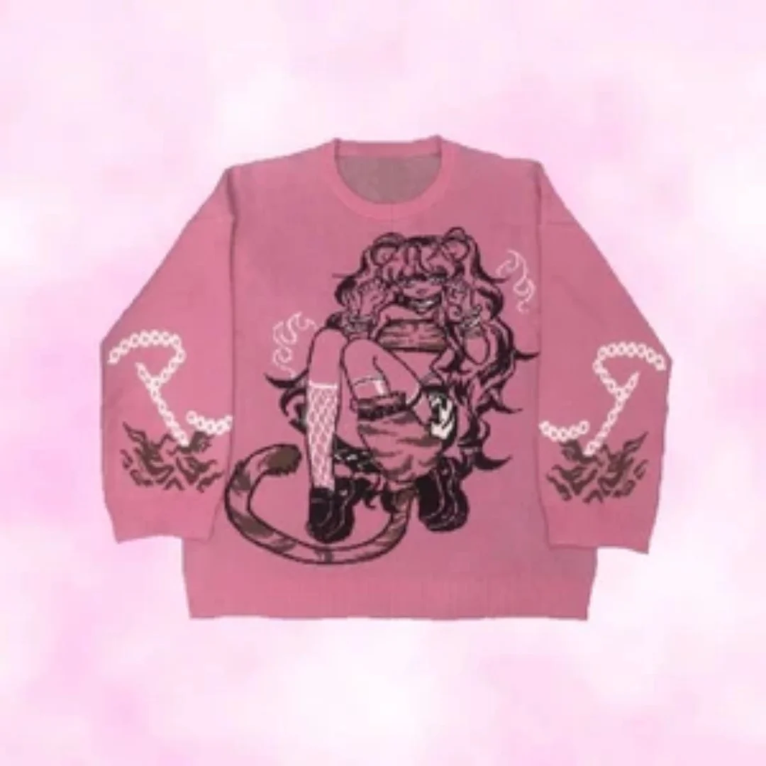 Sweter unisex Y2K z dzianiny, luźny krój, grafika z literami, styl vintage, estetyczny, casualowy sweter na jesień, odzież dzianinowa, 2025