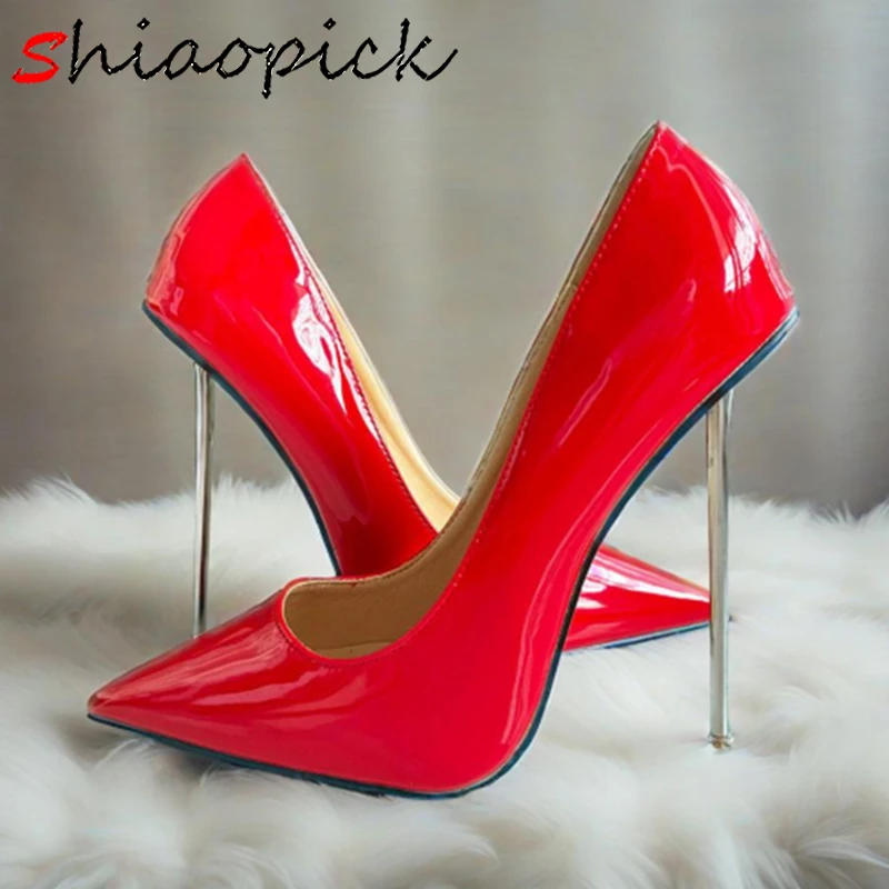 

Women Metal Pumps Stilettos Thin High Heels Shiny Red Ladies Party Pointed Toe Silp On Wedding Bridesmaid Unisex Shoes Plus Size