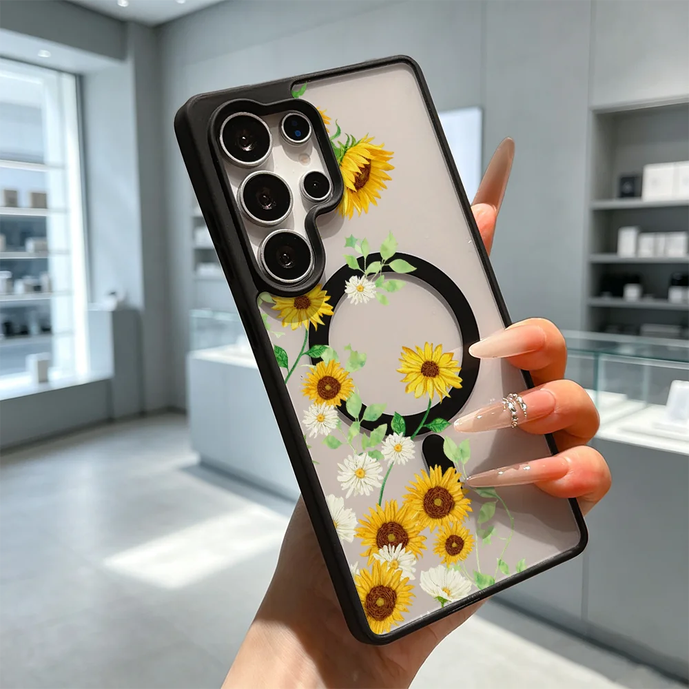 Sunflower and Daisies Built-in Magnet Shockproof Clear Phone Case For Samsung Galaxy S26 S25 S24 S23 S22 Ultra FE A17 A37 A57