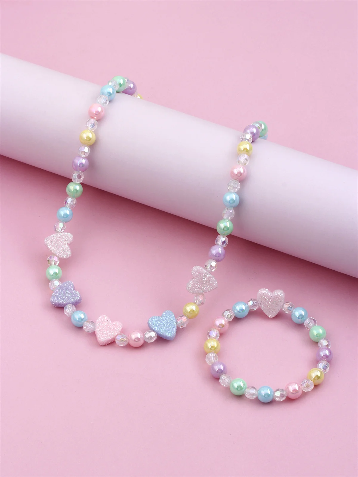 2Pcs/set Design Sense Candy Color Color Coated Round Beads Heart-shaped Decorated Beaded Necklaces Bracelets Daily Throughout