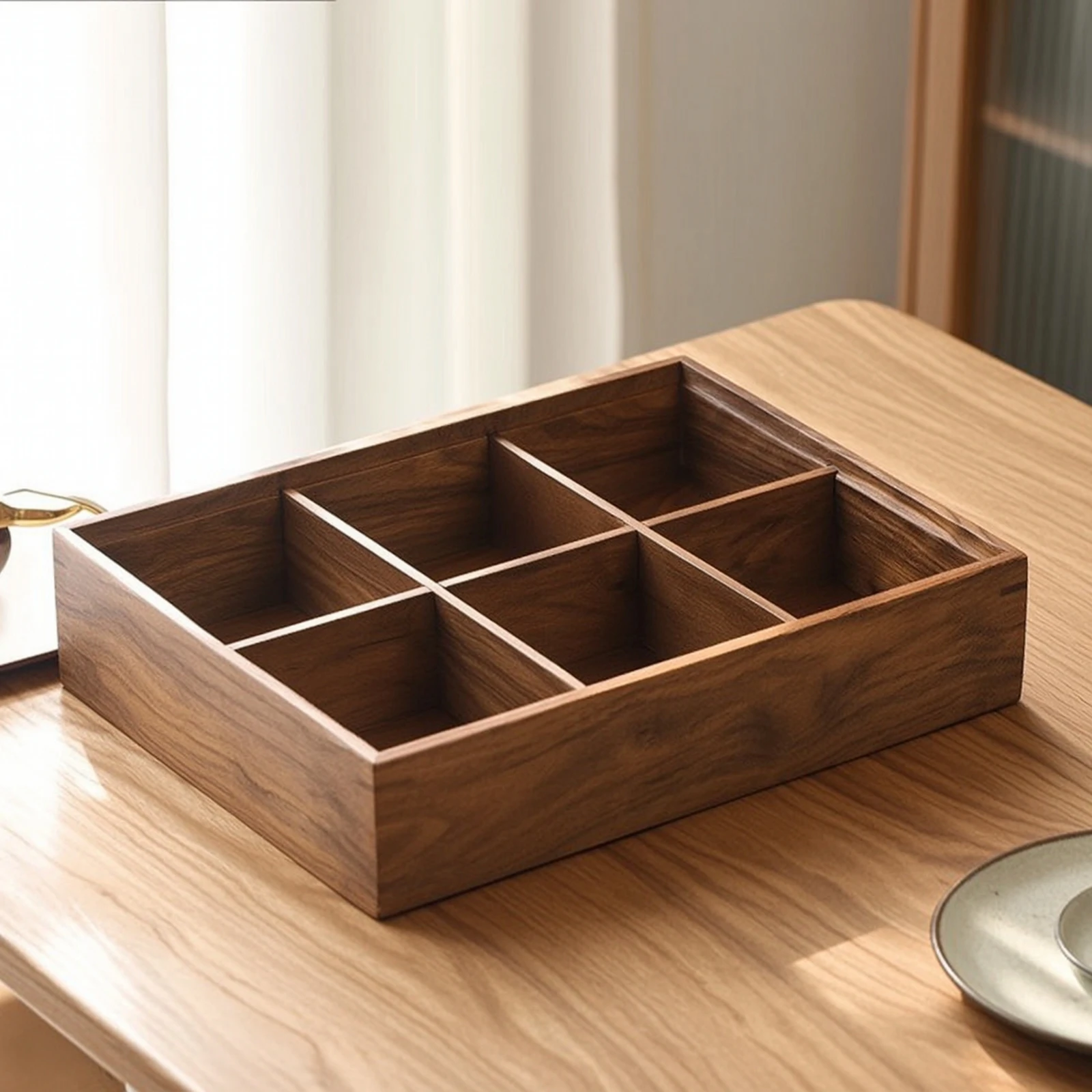 Wooden Storage Divider Box Black Walnut Multi-Compartment Wooden Tray Divided Organizer Decorative Compartment Tray Slim