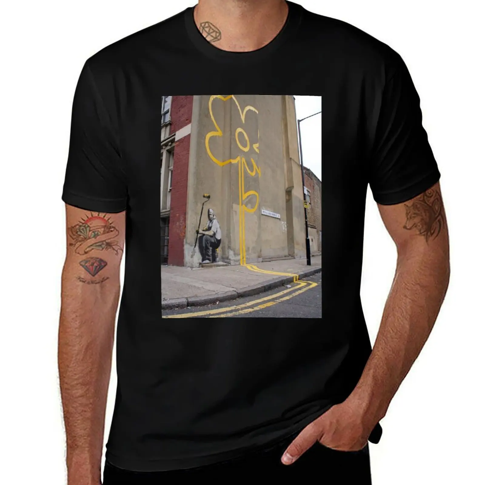 

Banksy Yellow Lines Flower Painter T-Shirt essential t shirt man graphic t shirt