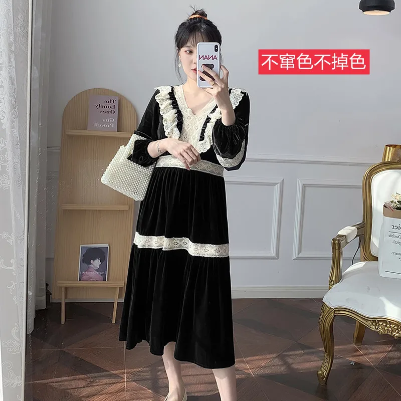 2024 Spring New Fashion Black Pleuche Maternity Long Party Dress A line Loose Clothes for Pregnant Women Chic Pregnancy