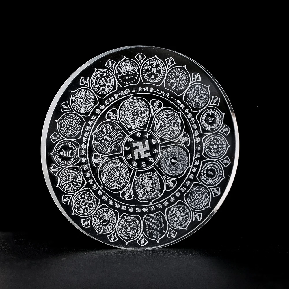 55mm Crystal Inner Engraved Rune Ornament Mantra Daming Scripture Display Stand Laser Carved Amulet Desktop Decoration