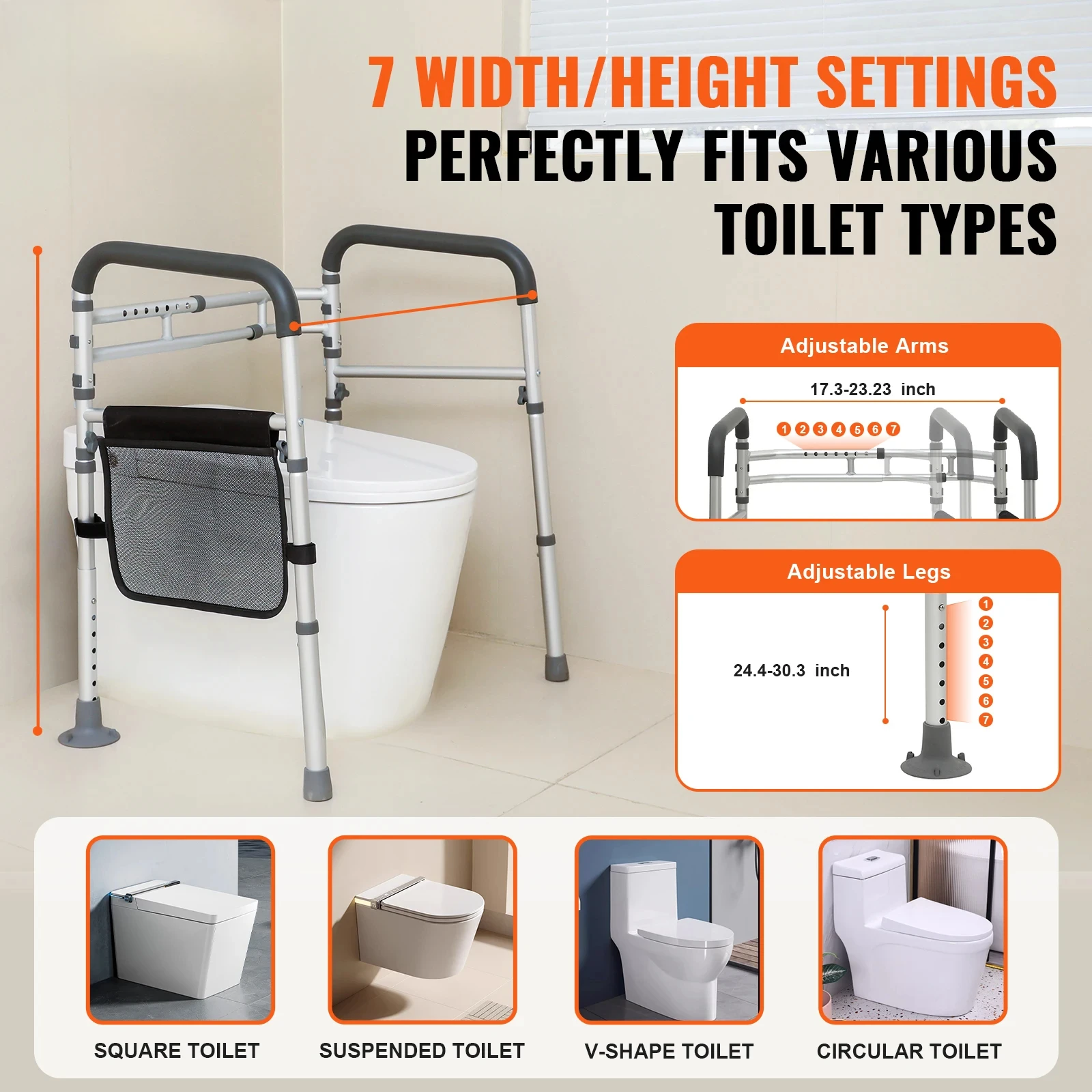 Toilet Safety Rail Folding Toilet Seat Frame Adjustable Width & Height Fit Most Toilets Supports 300lbs Disabled Seniors