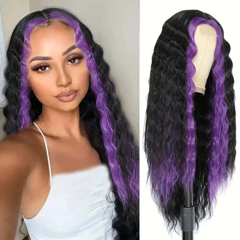 

Deep Wave Wig 28 Inches Synthetic Curly Wig For Women Long Deep Wave Wig With Purple Highlights Natural Crimps Curls