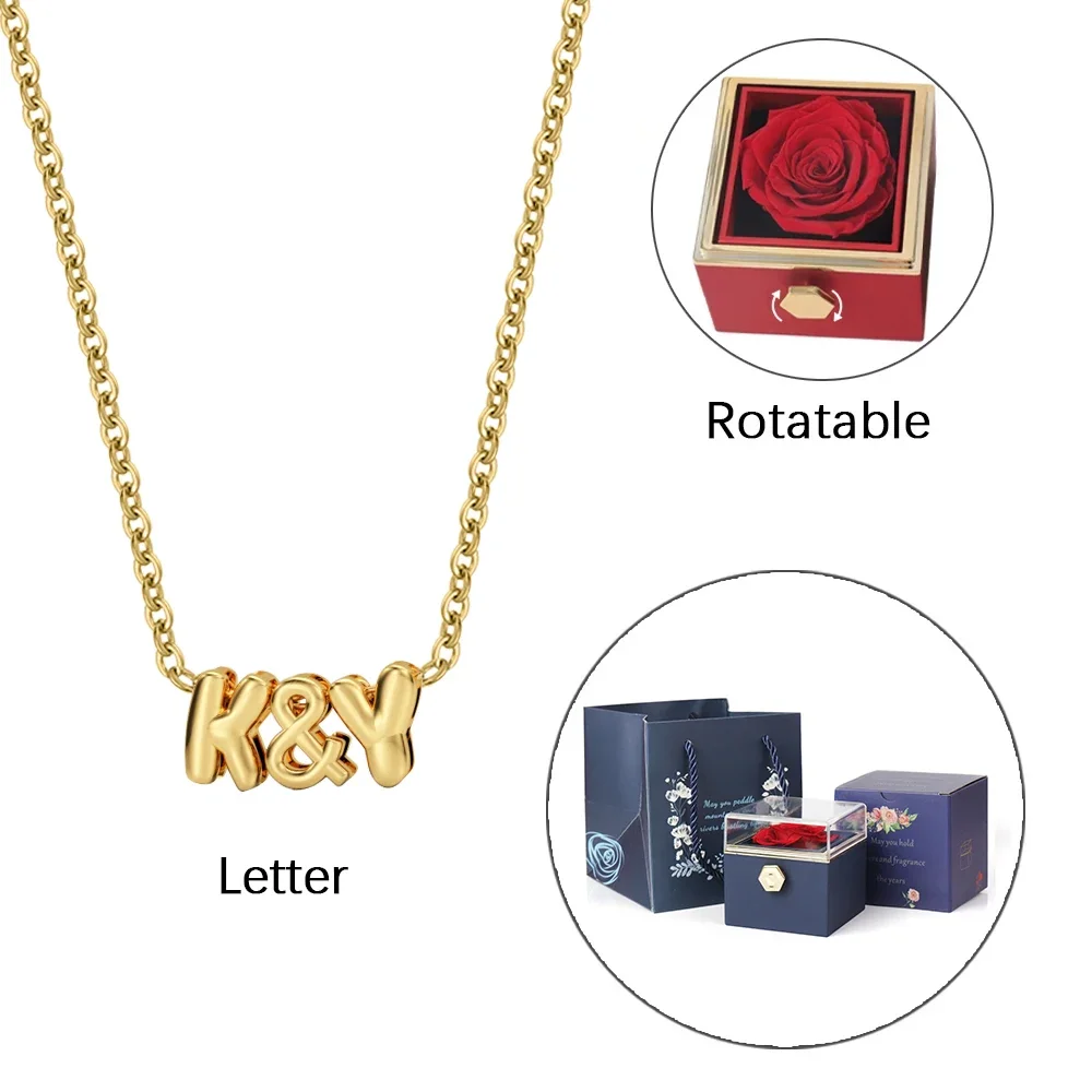 

Bubble Alphabet Custom Name Rose Gift Box Necklace Stainless Steel Stereo Alphabet Women's Jewelry Valentine's Day Gift For Girl