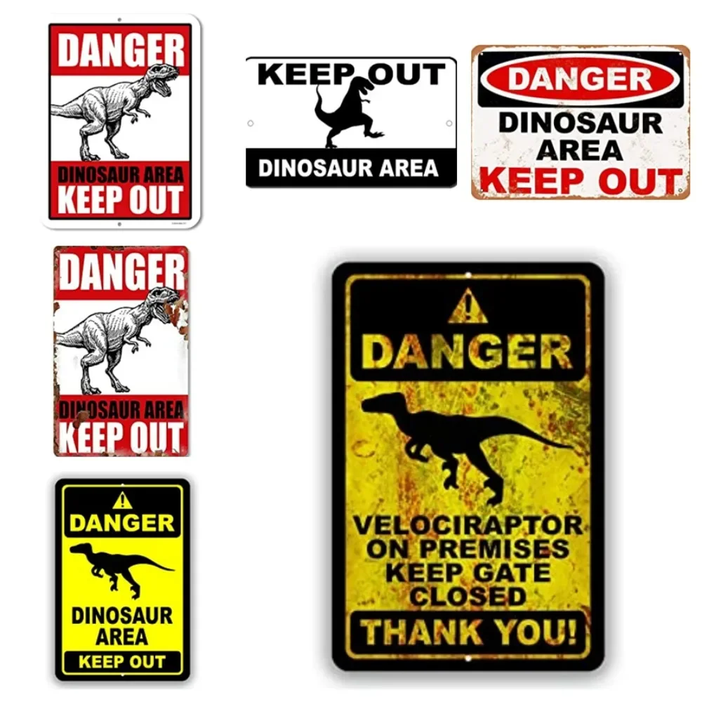 HD Tin Sign Danger Dinosaur Area Keep Out Retro Metal Poster Classic Velociraptor Warning Wall Art Decor for Kids Room Garage Ho