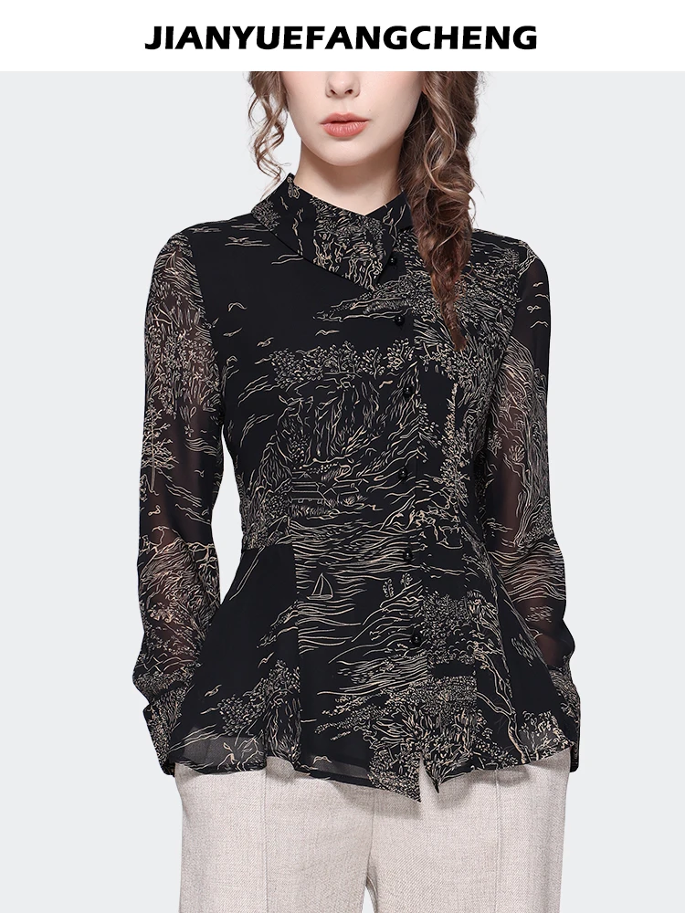 2023 Autumn Women Black Printed Blouse Long Sleeve Stand-up Collar Elegant Slim Button-down Shirts Vintage Casual Female Tops