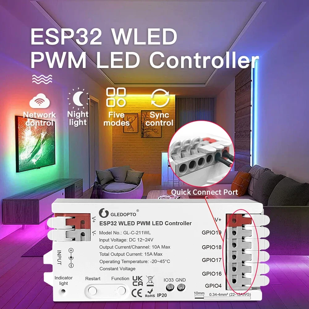 GLEDOPTO ESP32 PWM WLED LED Controller 5 Modes in 1 DC 12-24V WiFi App Control For RGBCCT RGBW RGB WWCW CCT Dimmer Strip Light