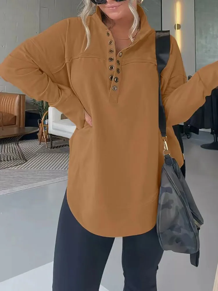 

New Women Loose Fashion Pullovers, Autumn Winter Solid Long Sleeve Patchwork Hoodies, Stand Collar Loungewear Elegant Ladies Top