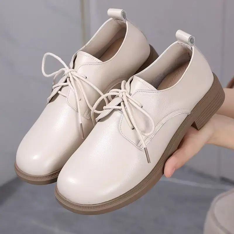 

Women Real Leather Low Heel Casual Shoes Spring Autumn New Soft sole Non Slip Round Toe Waterproof Lace Up Lightweight Work Shoe