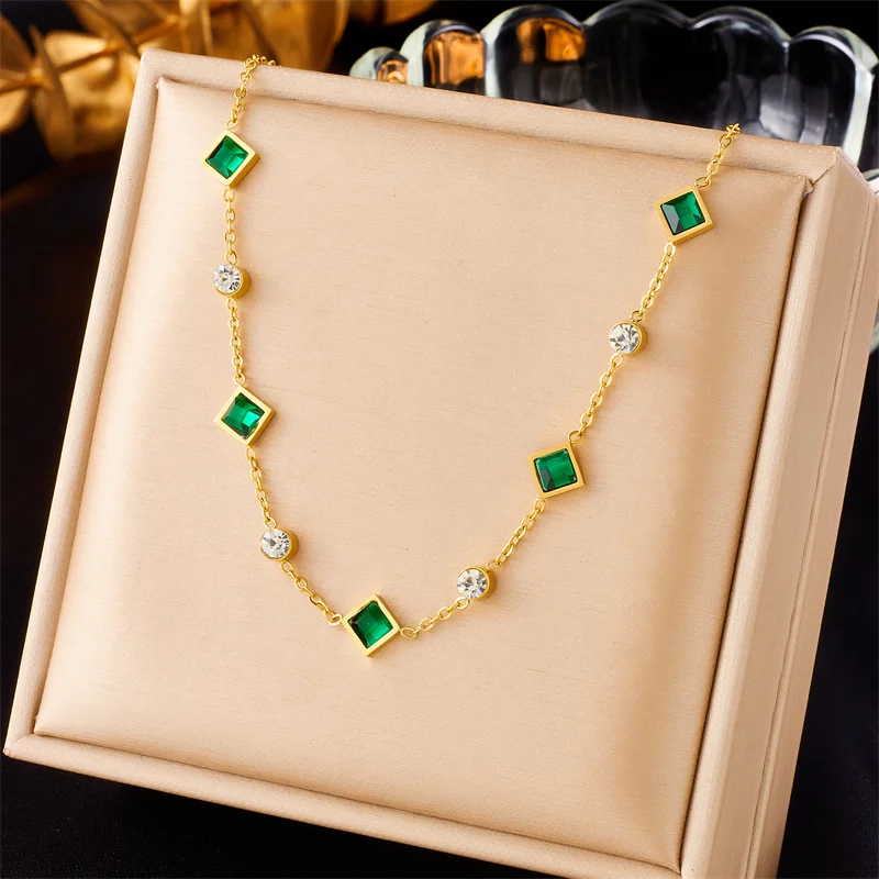 

18K Gold Plated Green Square & Clear CZ Satellite Chain Necklace, Bezel Set, Stainless Steel Minimalist Jewelry
