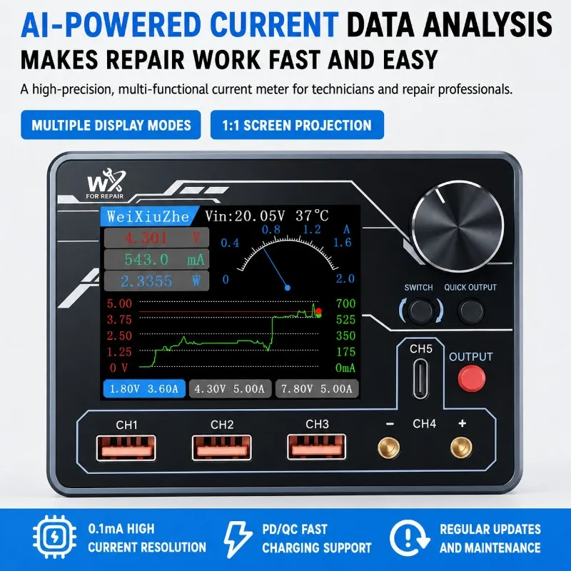 WEIXIUZHE High Precision Current Meter 0.1mA Resolution PD QC Fast Charging AI Data Analysis Curve Playback for Phone PCB Repair