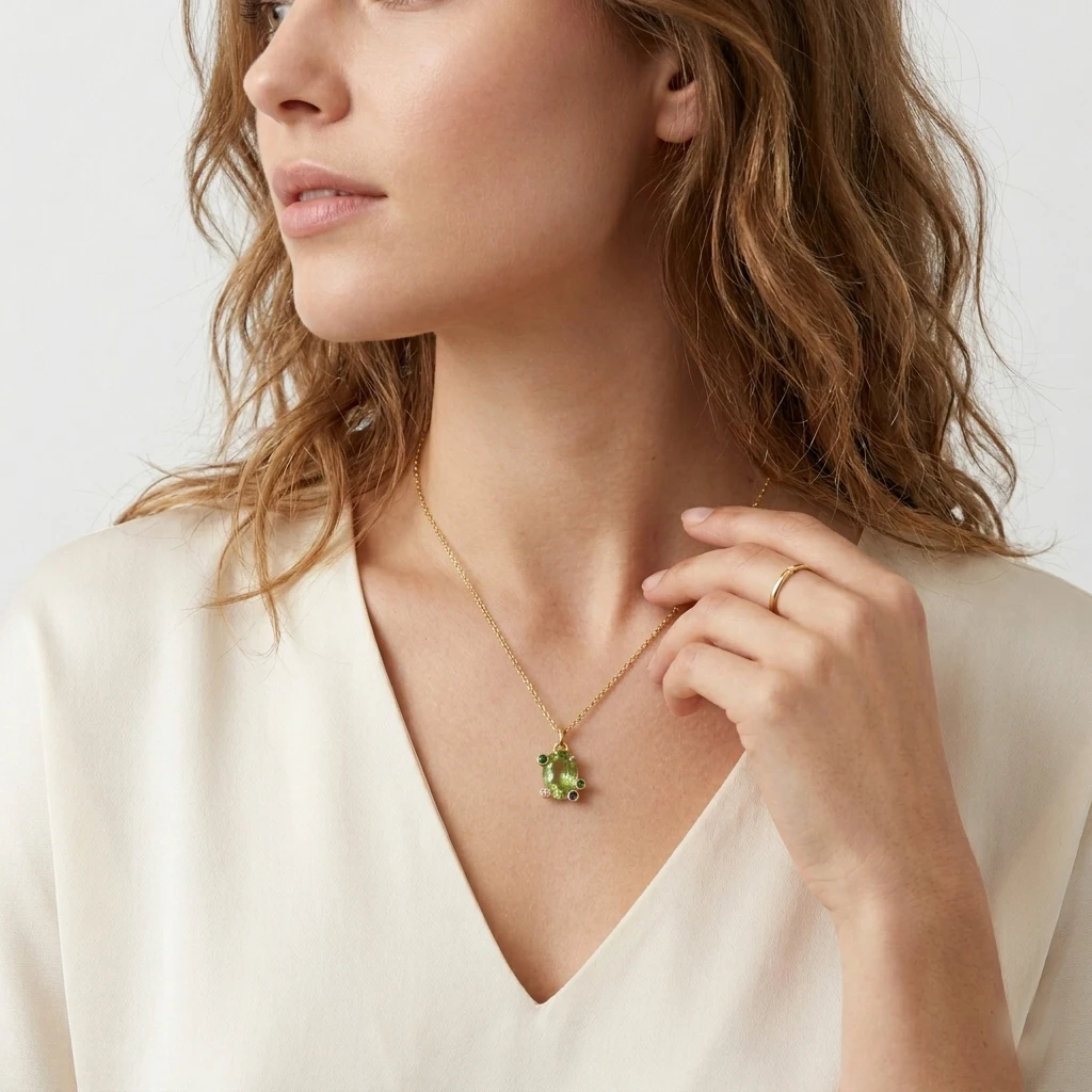 Französische Zarte Vergoldete Ovale Olivgrüne CZ-Halskette, Mehrsteinige Schlüsselbeinkette für Damen, Tägliches Party-Geburtstagsgeschenk Schmuck – Detail 5