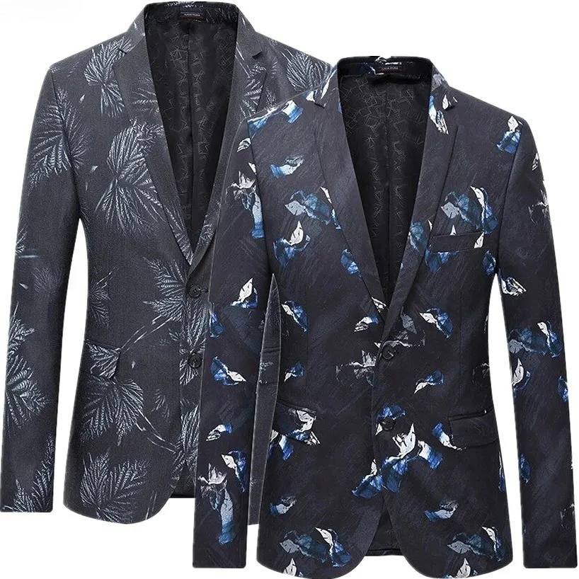 

2025 Autumn Men's Black Printed Blazers, Fashion V-Neck Slim Long Sleeve Jacket, Asian Size Coat. M-6XL
