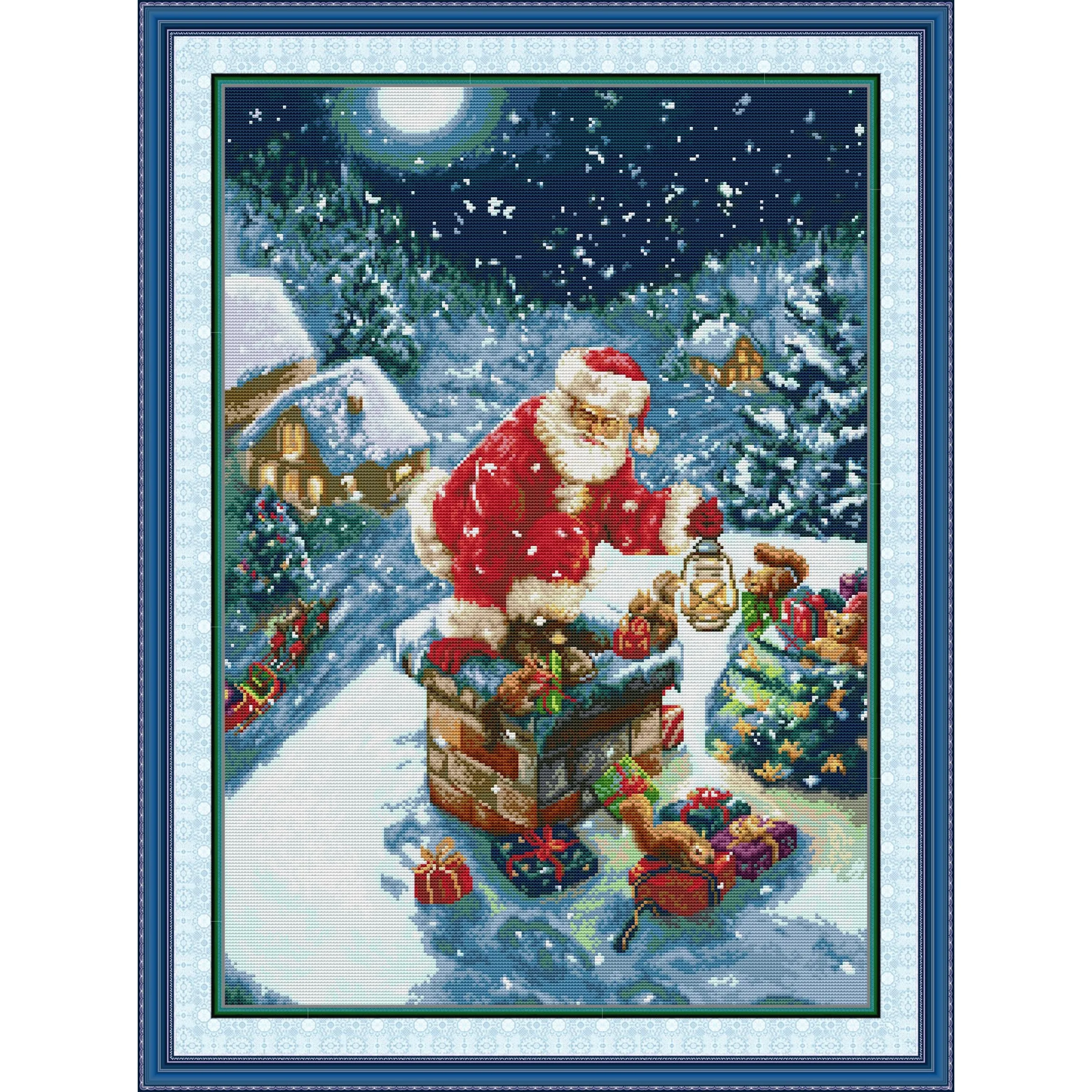 Joy Sunday News Pre-Printed Cross Stitch Kit, Stamped Aida Fabric with DMC Threads, Embroidery Kit - Santa's Gift