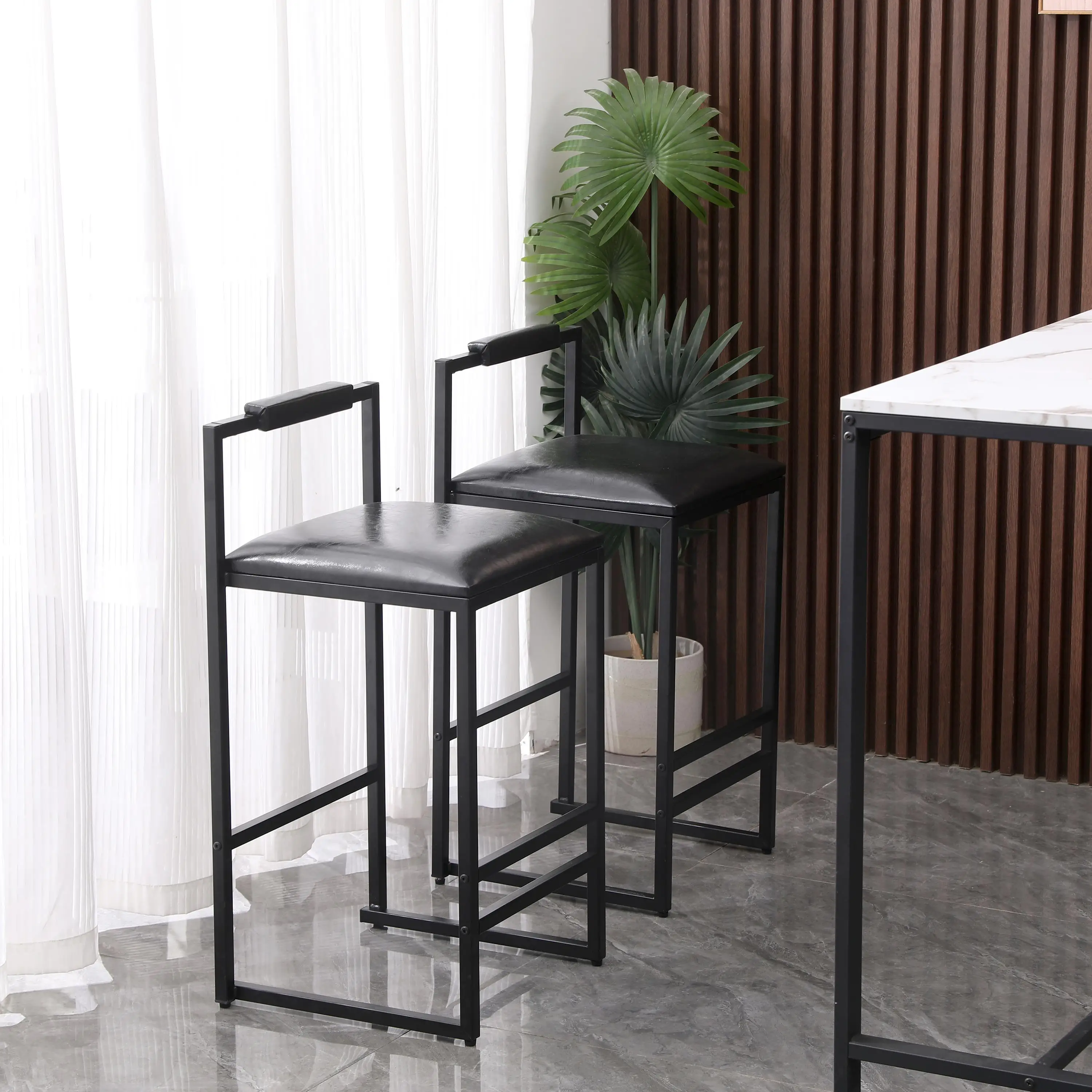 Set of 2 Black PU Leather Bar Stools with Backrest & Footrest - Counter Height Upholstered Chairs