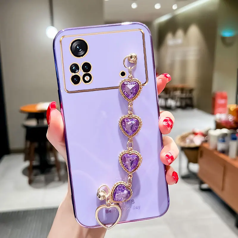 Cover For POCO X4 PRo 5G Luxury Glitter Bracelet Case For Xiaomi poco X4 pro M4pro Love Camera protector Chain Case pocox4pro