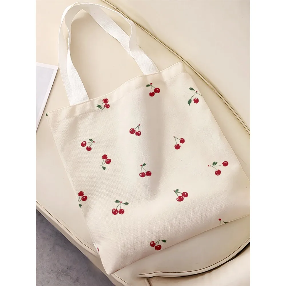 Cute Cherry Pattern Canvas Tote Bag Fashion Reusable Shopping Bag Casual Lightweight Shoulder Bag For Women Daily Use