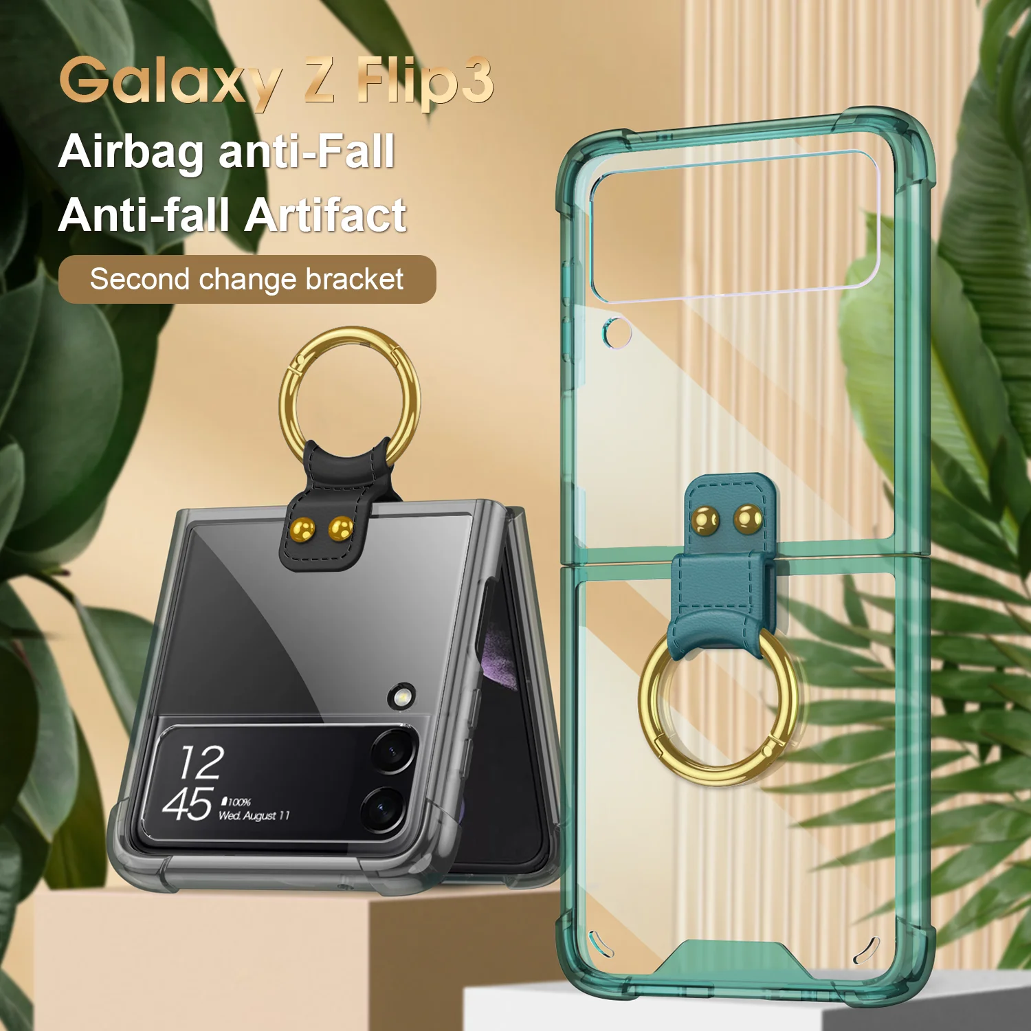 For Samsung Galaxy ZFlip 6 5 4 3 Case Ring Bracket Folding Anti-Fall Colored Transparent Four Corners Shockproof Back Hard Cover