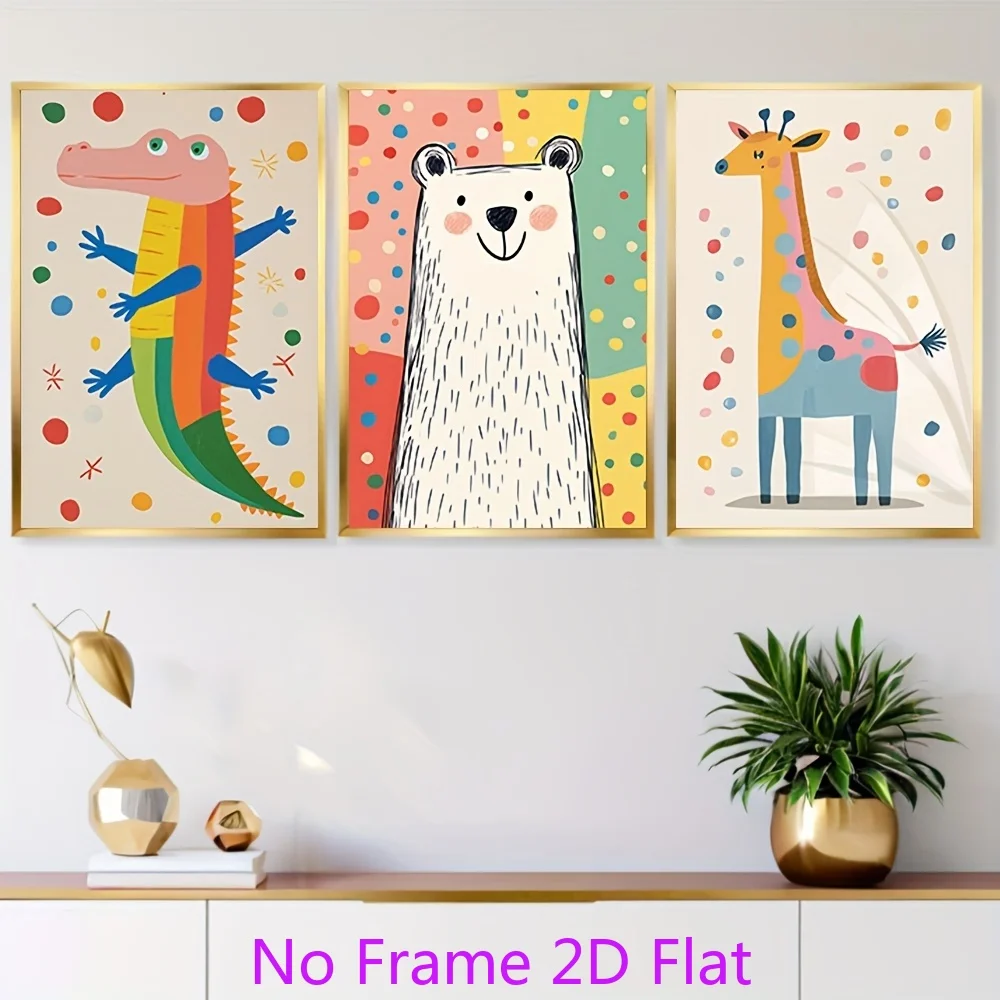 （NoFrame 3PCS)-2D Flat, 3pcs, 2D Flat, Frameless Colorful Animal Art Prints - Playful Alligator with Bright Colors, Happy Pol