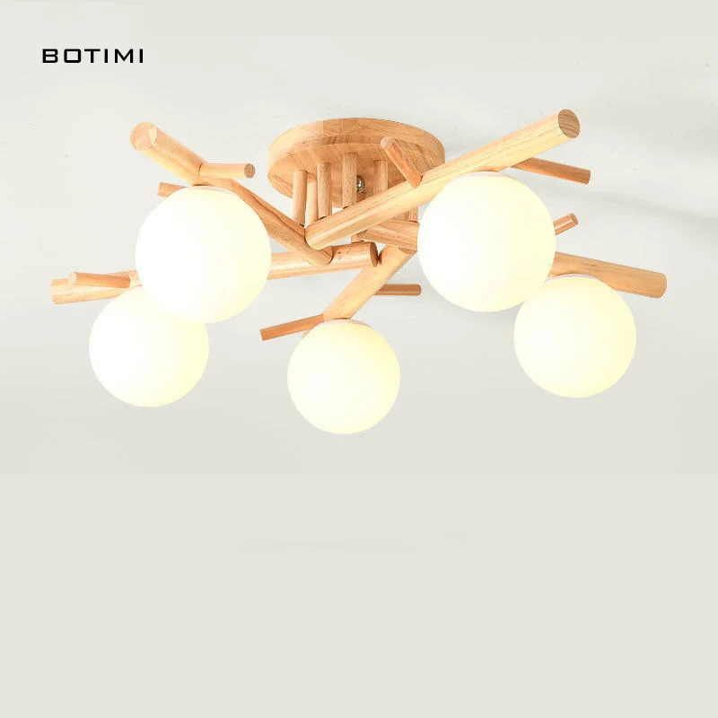 

BOTIMI Solid Wood Ceiling Lights With Round Glass Lampshades For Living Room Modern Bedroom Lamp Surface Mounted Ceiling Lamps