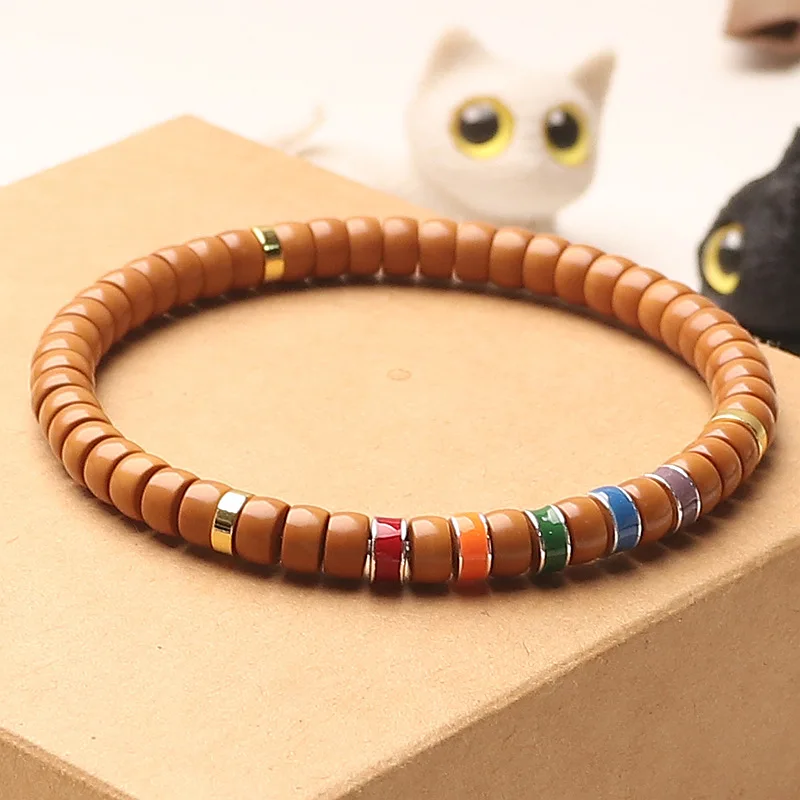 Natural Olive Pit 6mm Flat Cut Tip Single Loop Couple Bracelet DIY Jewelry Accessories Gifts