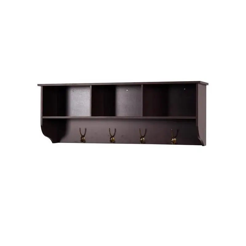 ราวแขวนเสื้อผ้าติดผนังแบบเอสเพรสโซพร้อมตะขอคู่ 4 อันและชั้นวางของไม้สำหรับห้องนั่งเล่น