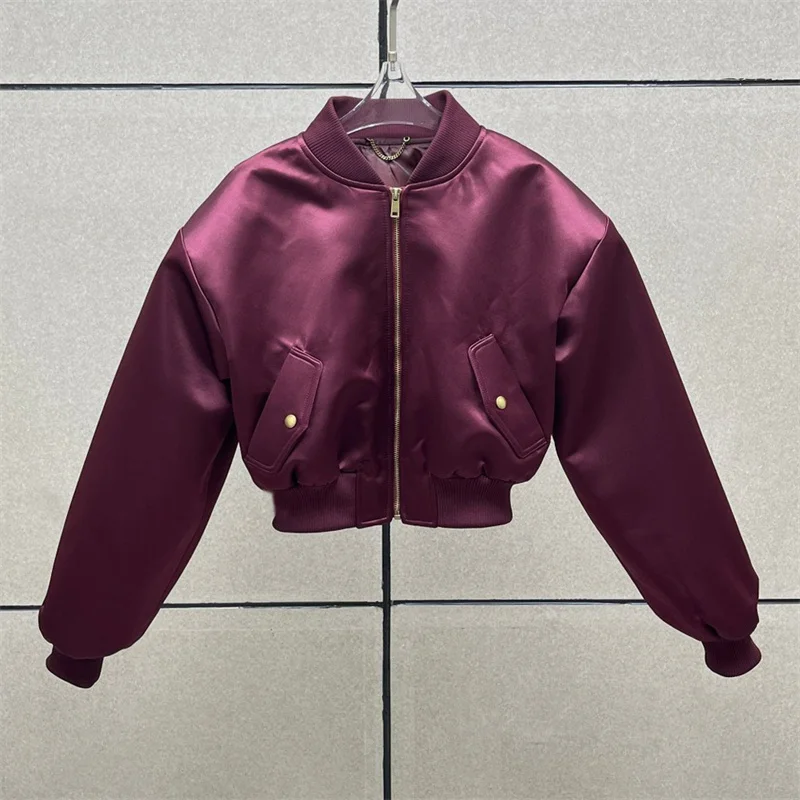 

Women's jackets 2025 Winter new zipper slim fit baseball collar women's coat Satin glossy Women's padded jacket y2k pilot jacket