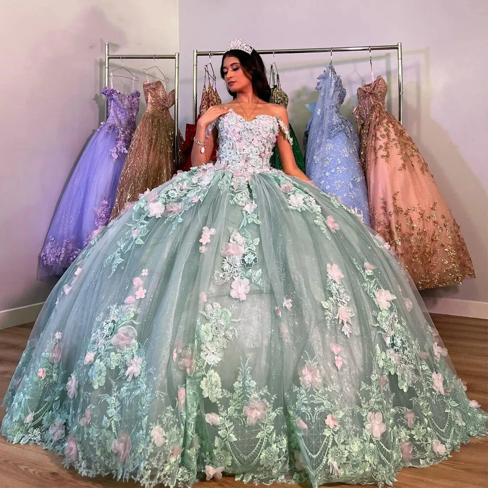 

Princess Sage Embroidered Quinceanera Dresses Off Shoulder Mexican Lace Up Graduation Gowns For Sweet 15 16