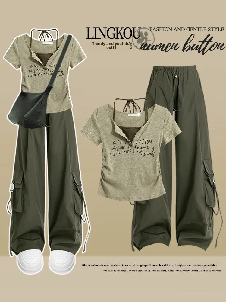 

Летний женский модный комплект в корейском стиле: повседневный свободный костюм-двойка с V-образным вырезом, коротким рукавом и длинными брюками (рабочий брючный костюм)