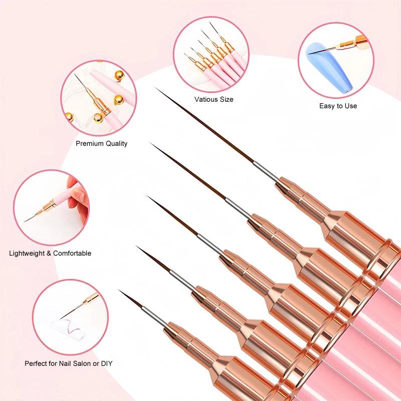 

7/9/11/15/25mm Nail Liner Brush Set Ultra-thin French Stripe Nail Art Line DIY Drawing Flower Pen Professional UV Gel Brushes