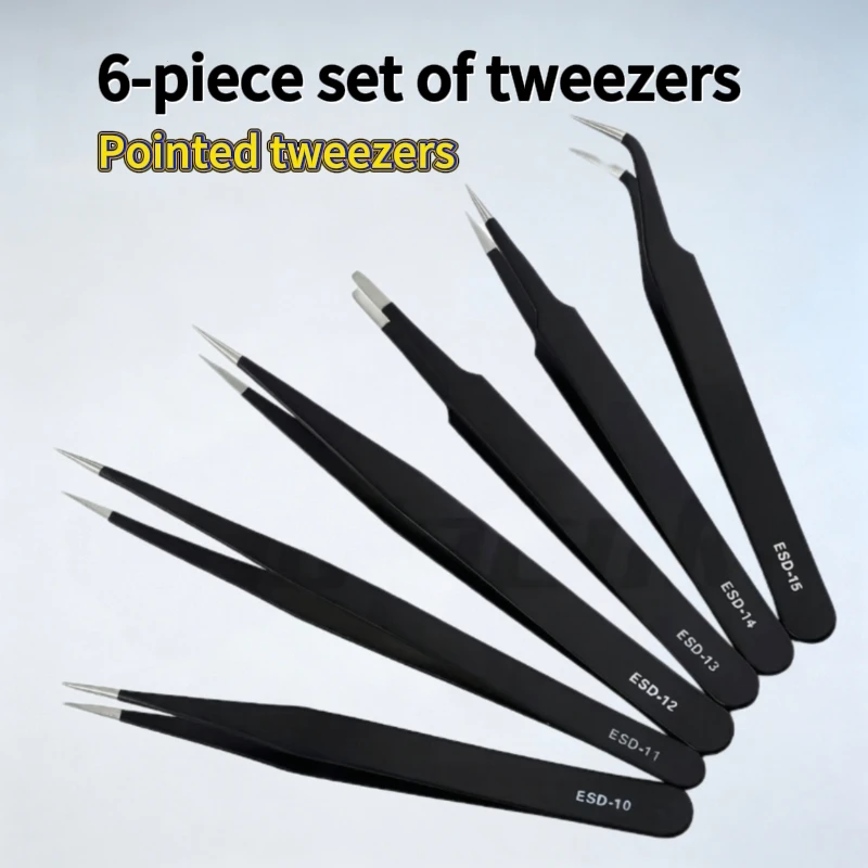 15mmPrecision ESD Anti-static Tweezers Set -6pc Stainless Steel Tool For Electronic Repair & Jewelry Repair And Process Modeling