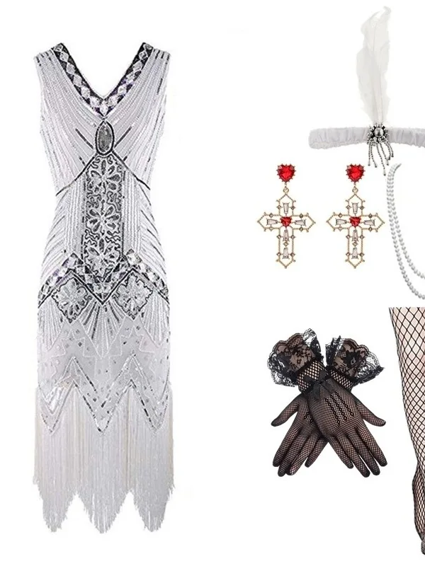 

920s eat Gatsby Evening Gown Tassel Large Size V-ne Dr Set Ball Gown Ele Retro Sle Women's Traditional Costume