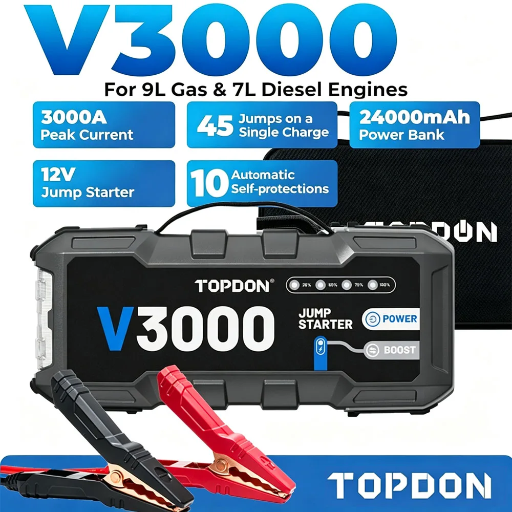 TOPDON V3000 Battery Jump Starter 12V 3000A Battery Charge with Handle Jumper Cable Pack for Up to 9L Gas/ 7L Diesel Engines