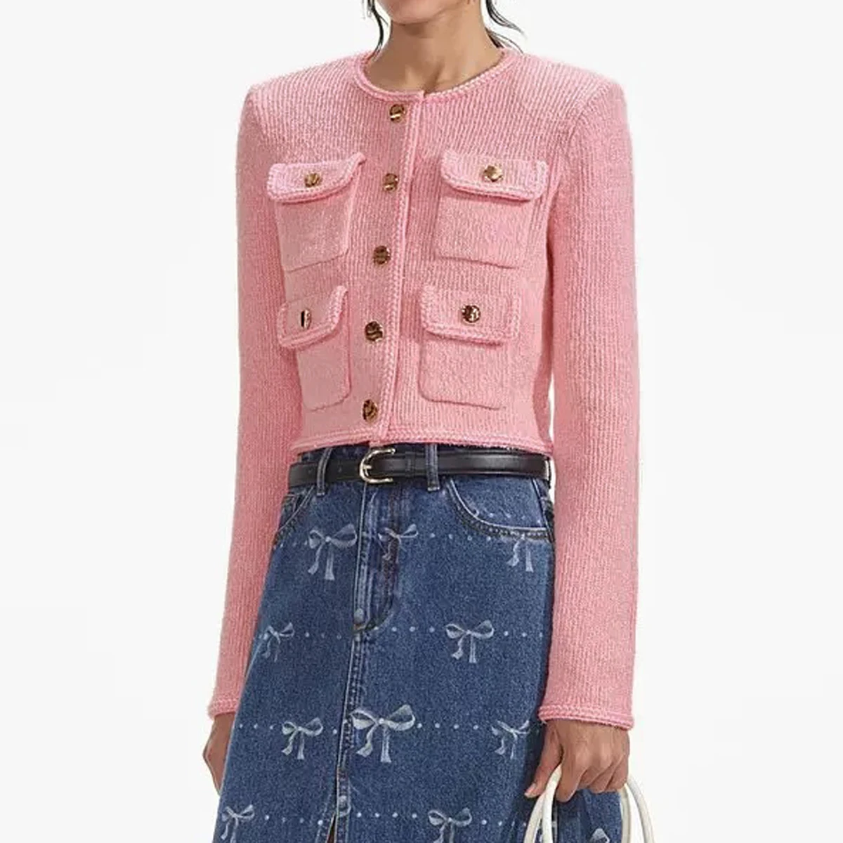 

Spring And Autumn New Fashionable Temperament Commuter Heavy Industry Knitted Long Sleeve Round Neck Top Coat+Half Skirt Set