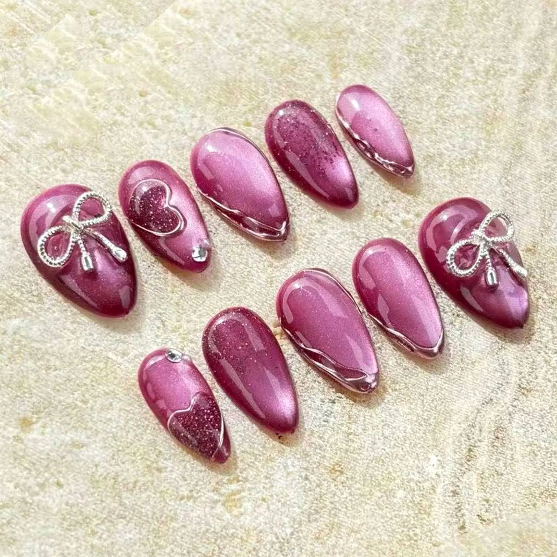 

24pcs Pink Purple Almond Fake Nails Tips Girlish Heart Design Bow Diamond False Nail Daily Wear Smudge Cat's Eye Press on Nails