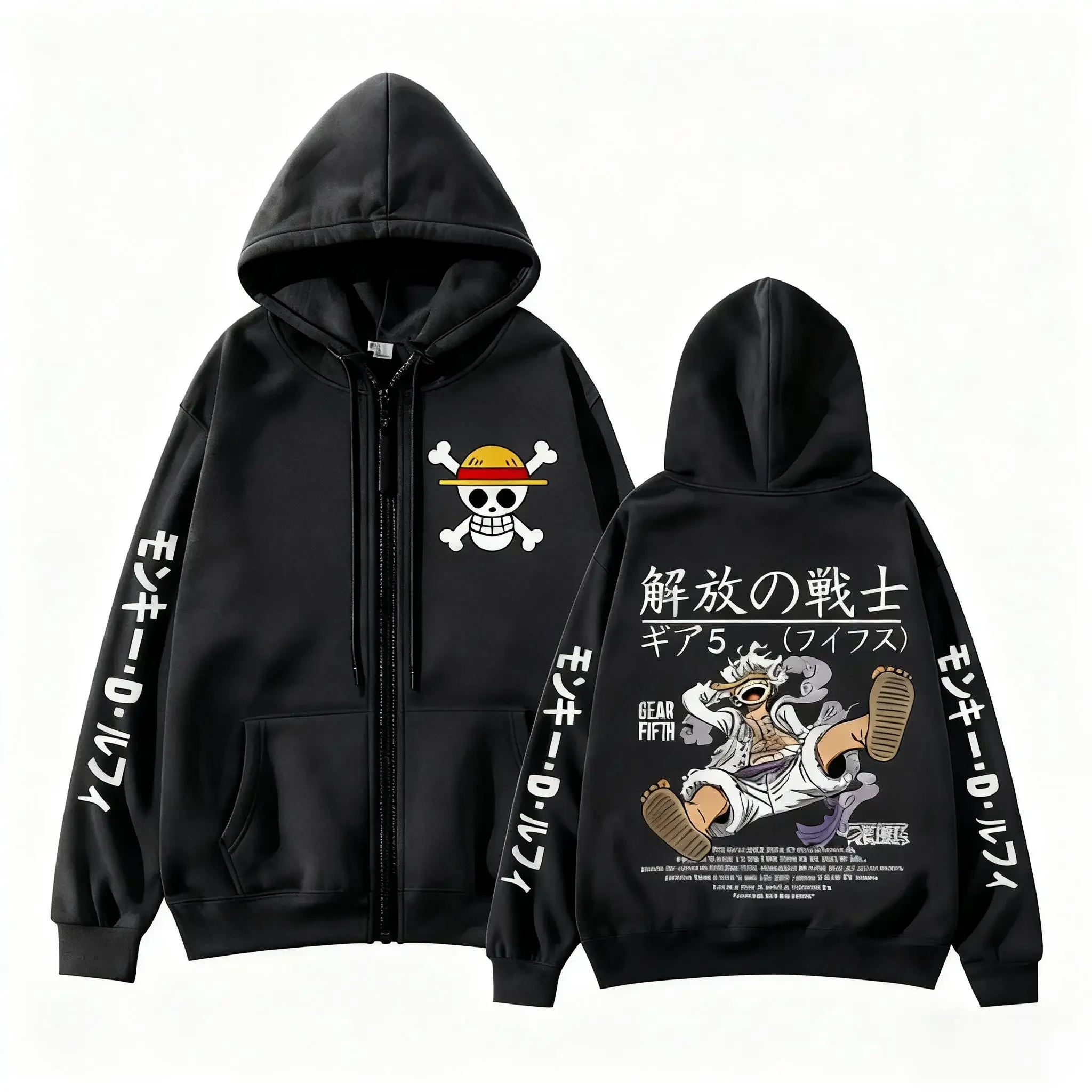 Sudadera con capucha y cremallera de una pieza Luffy Nika Gear 5, con estampado de anime en doble cara y en las mangas, holgada, unisex