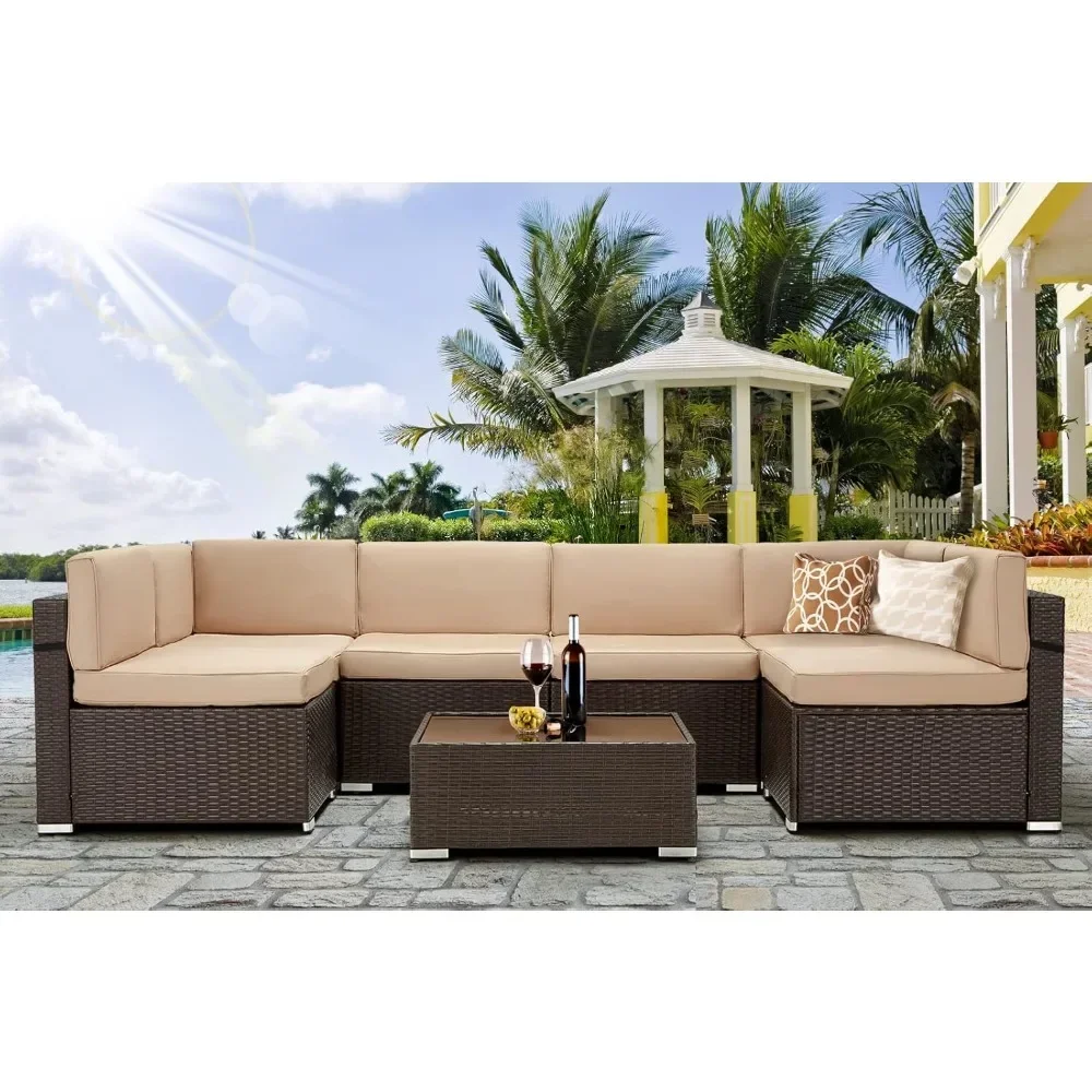 7 Piece Outdoor Patio Furniture Set Outdoor Sectional Furniture Chair Set with Cushions and Tea Table PE Rattan Wicker Sofa Set