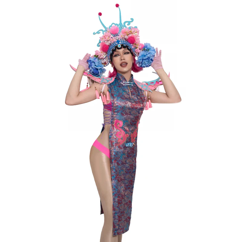 Gogo Dancer Clothing Chinese Style Flying Shoulder Cheongsam Singer Performance Dresses Women Festival Clothing