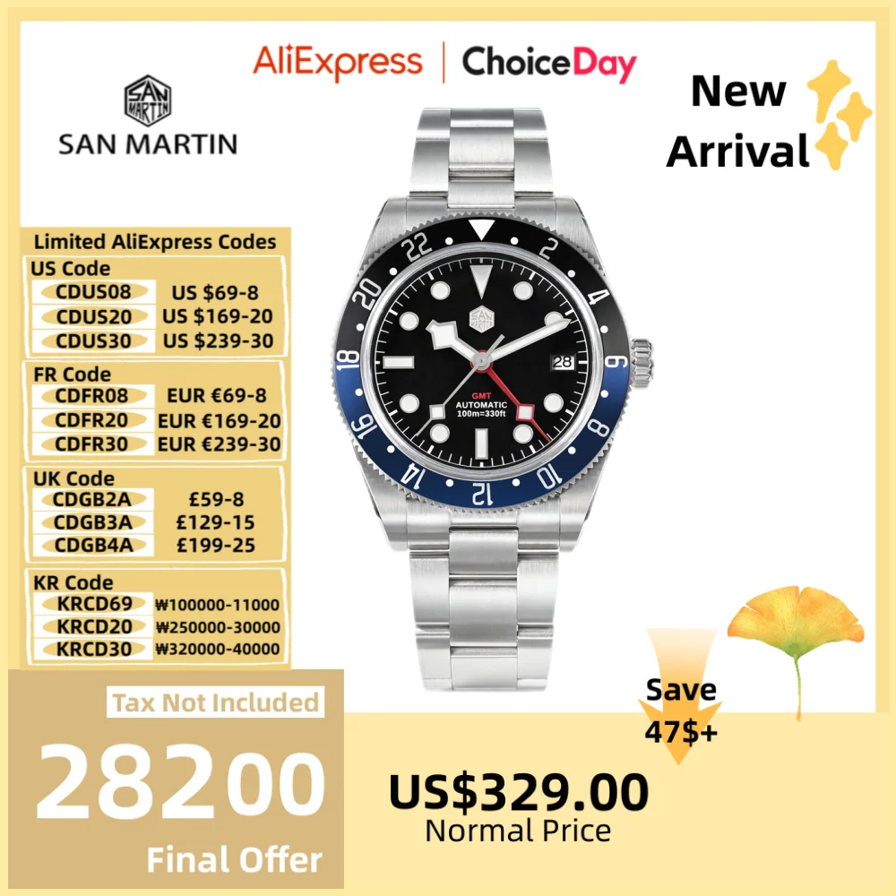 

San Martin 39mm Luxury Mens Automatic Watch NH34 GMT Bidirectional Aluminum Bezel 10Bar Swim BGW-9 Sports Reloj Hombre SN0109-1