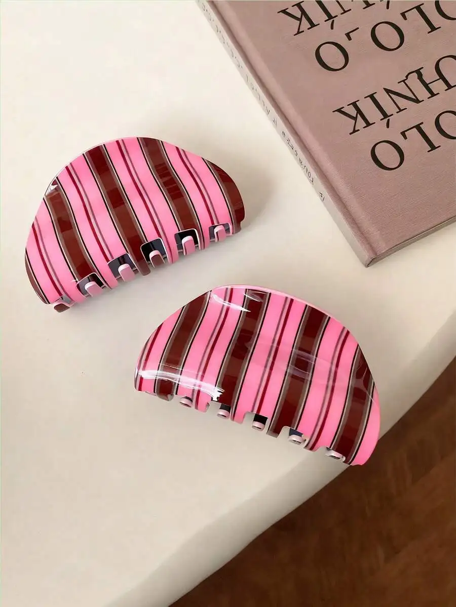 1pc Korean Style Blue & Coffee Striped Hair Clip, Retro Elegant Lady Hairpin, Versatile High-End Hair Accessory,Travel,Birthday