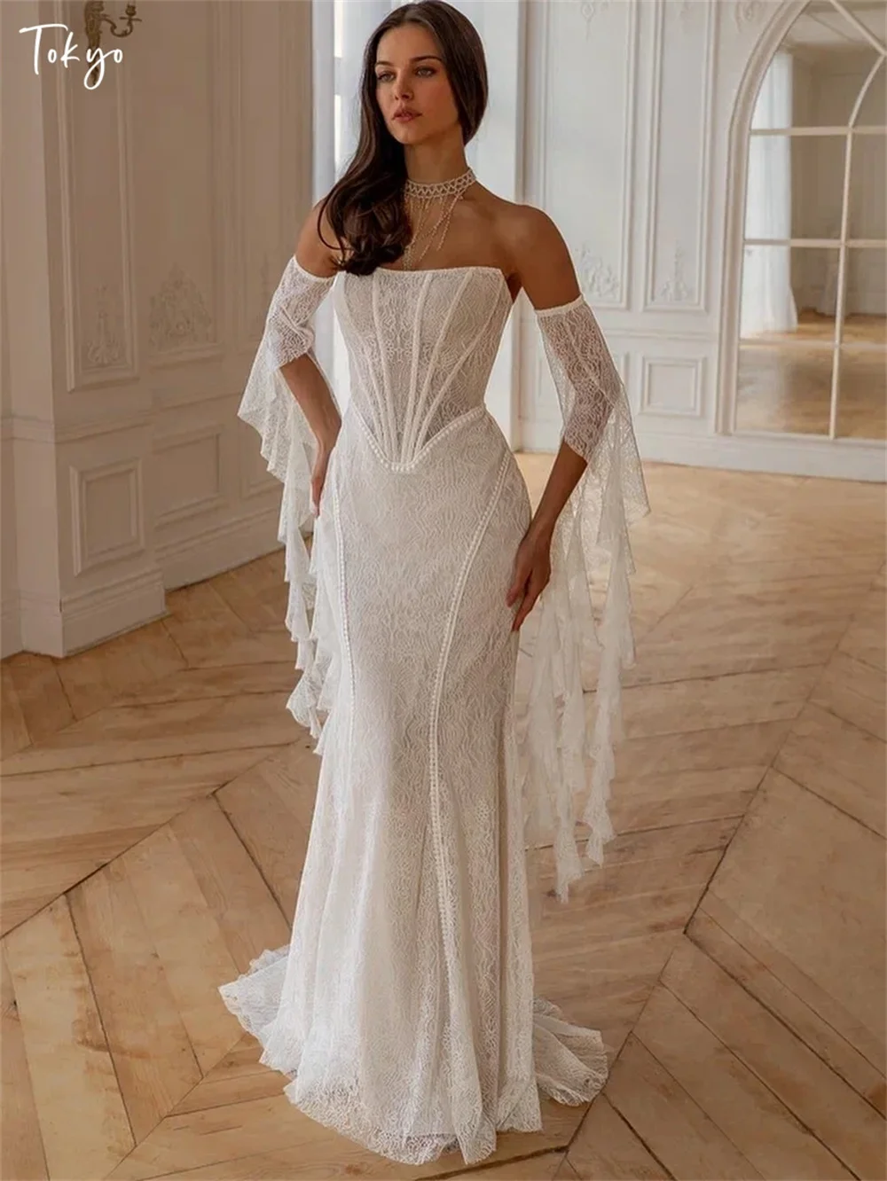 

Tokyo Customized Elegant Strapless Wedding Dresses Detachable Sleeve Back Lace-Up Lace Bridal Gowns White Mermaid Wedding Gowns