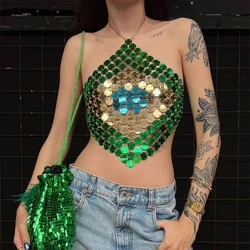 Women Brazil Flag Green Sequin Chainmail Bikini Sexy Girl Halter Top