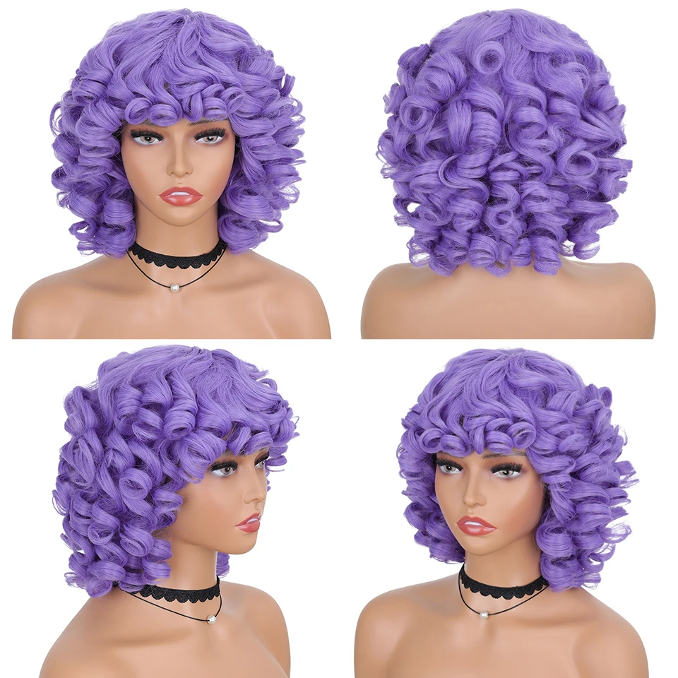 Short Hair Afro Kinky Curly Wigs Synthetic With Bangs For Black Women Fluffy African Ombre Cosplay Natural Brown Wigs Afro YOKAS