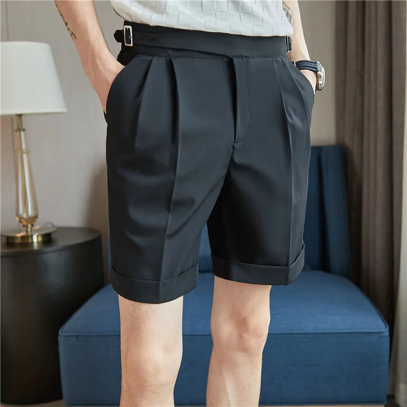 British Style Summer Naples Straight Suit Shorts Men 2022 New Slim Fit Business Formal Knee Length Short Pants Hommes Streetwear