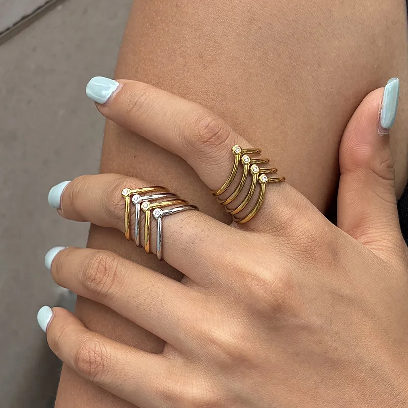 Multi-layer Zircon Stacked Open Ring For Women Multilayer Wave Shape Hollow Open Rings 18K Gold Plated Stainless Steel Rings