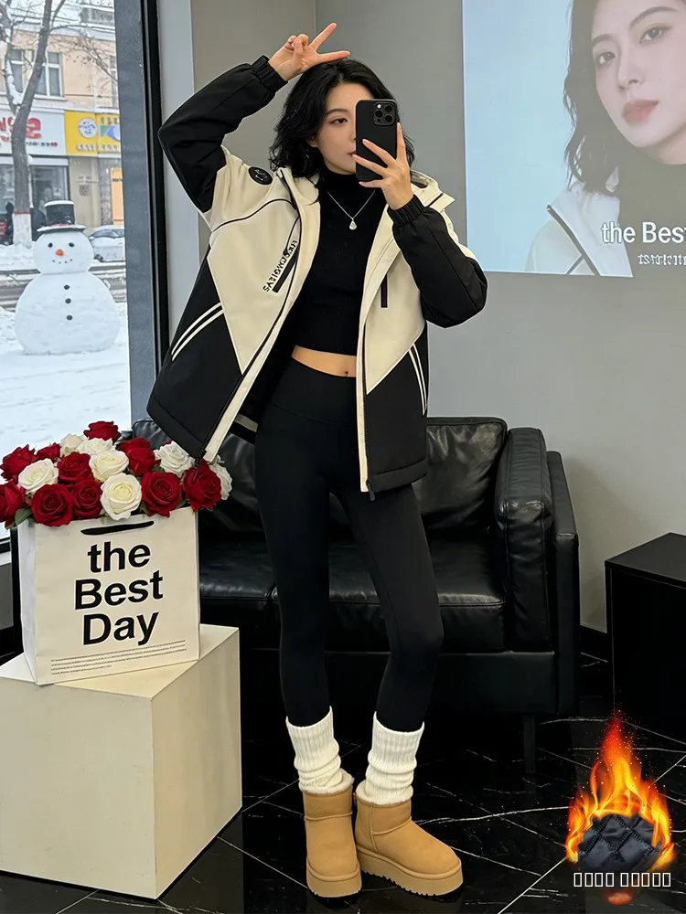 Modna kurtka z kapturem, bawełniana, z efektem kolorowego blokowania, damska, zimowa, codzienna, na co dzień, do dojazdów do pracy, ciepła, zapinana na zamek.