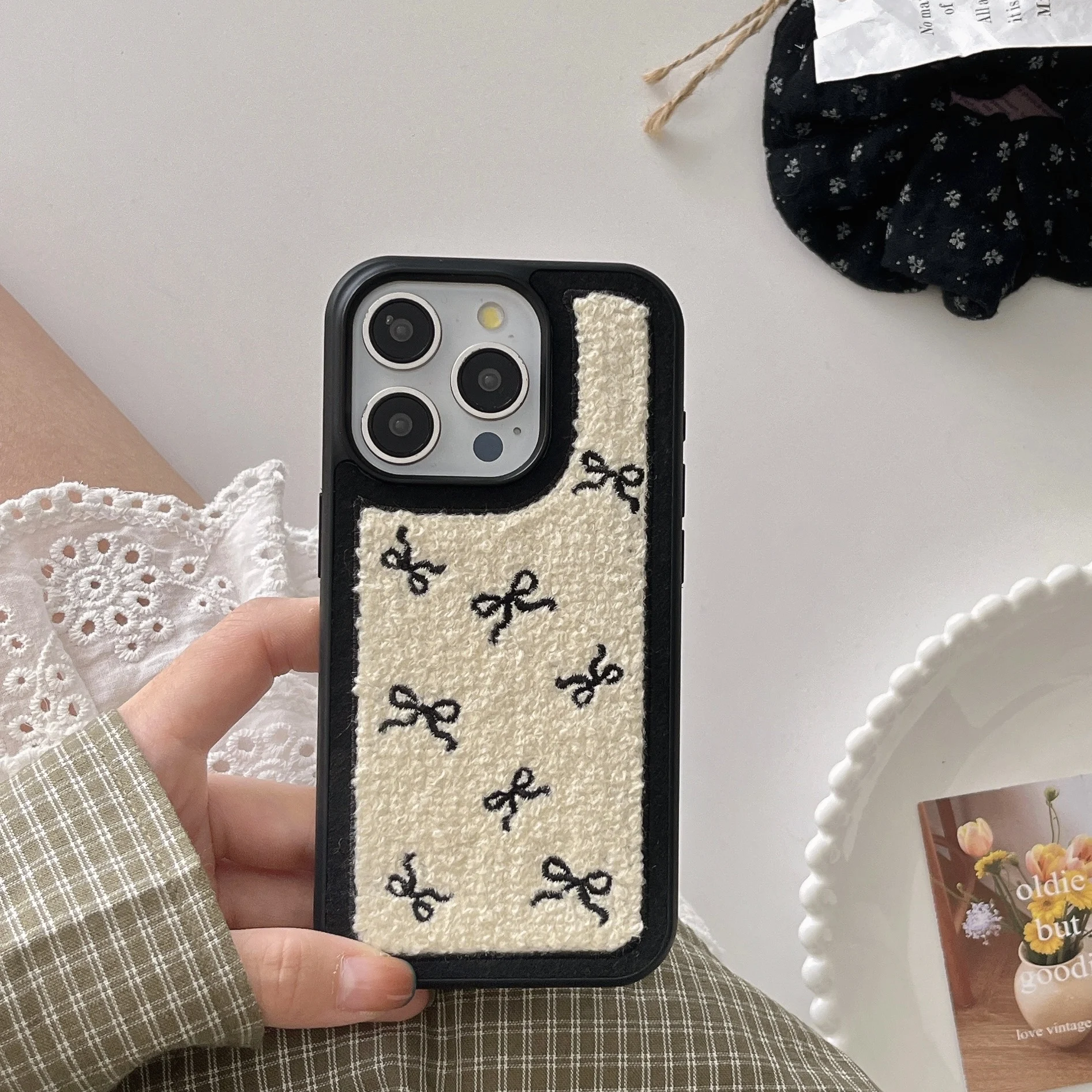 New towel embroidered bowknot phone case for Iphone 16 16pro 16promax 16plus 15 15pro 15promax 14 14pro 14promax 13 13pro